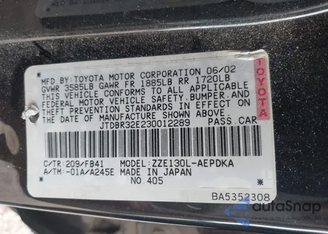 2003 Toyota Corolla Ce z USA, uszkodzony, nr VIN JTDBR32E230012289